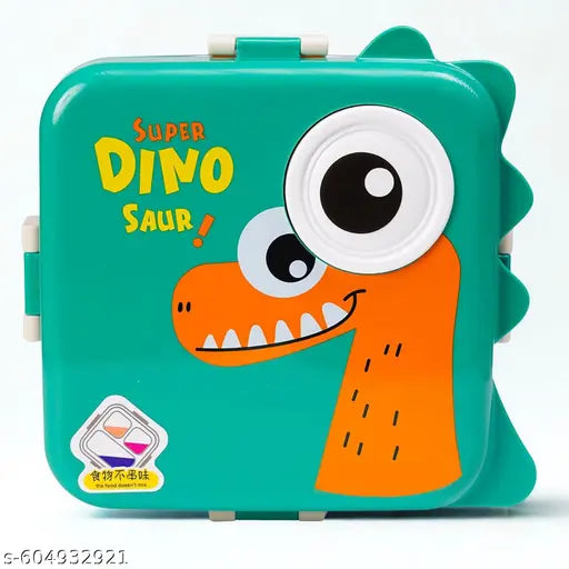 Super Dinosaur Green Kids Lunch Box – Stainless Steel Insulated Tiffin for School with Spoon, BPA-Free | Leak-Resistant Bento Box with Tray & Container | 1120ml + 70ml