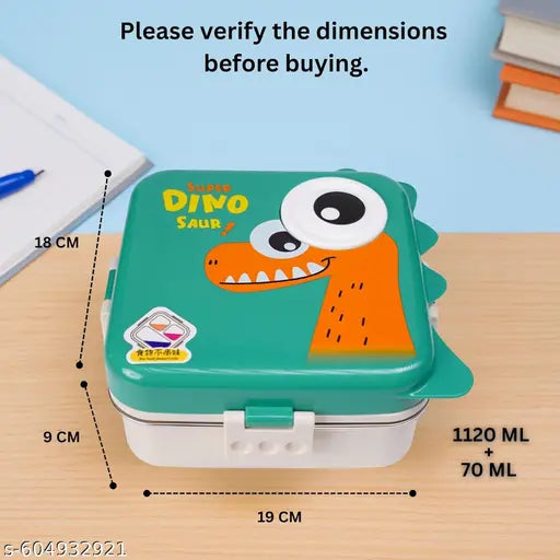 Super Dinosaur Green Kids Lunch Box – Stainless Steel Insulated Tiffin for School with Spoon, BPA-Free | Leak-Resistant Bento Box with Tray & Container | 1120ml + 70ml